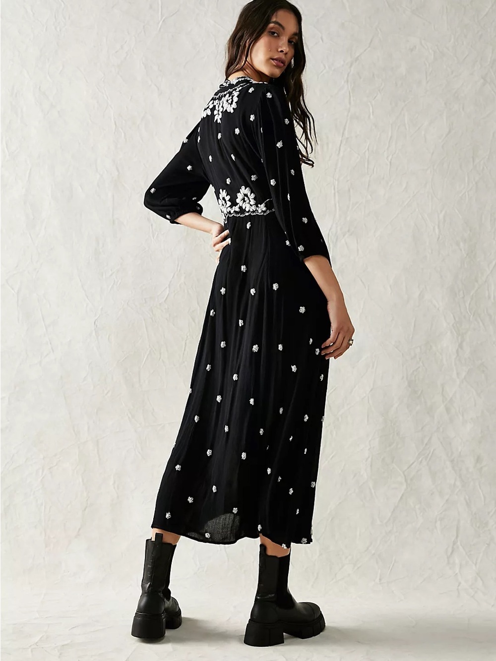 Free People Embroidered Black Boho Peasant Maxi Dress Sheer Size S - Picture 1 of 11